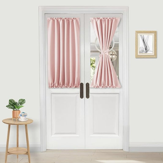 DWCN French Door Curtains – Rod Pocket Thermal Blackout Curtain for Doors with Glass Window, Kitchen and Patio Doors for Privacy, 25 X 40 Inches Long, 1 Curtain Panel with Tieback,Blush Pink
