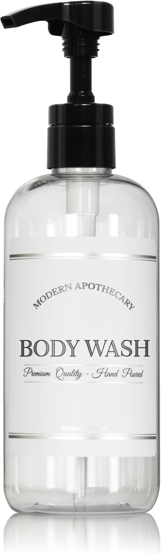 Refillable Clear PET Plastic 16 oz Body Wash Bottle with High Output Black Plastic Pump Dispenser - Chrome Accent Waterproof Labeled Bottle
