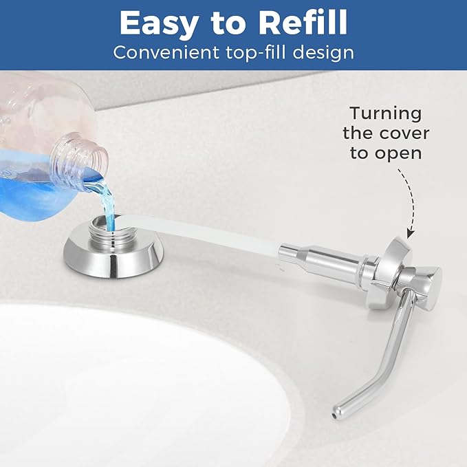 Heavy Duty Brass Countertop Liquid Soap Dispenser, Commercial Grade Top Fill Built-in Soap Dispenser with 34 oz/ 1L Bottle for Bathroom, Kitchen, Public Restroom, Chrome Finish, 4” Spout