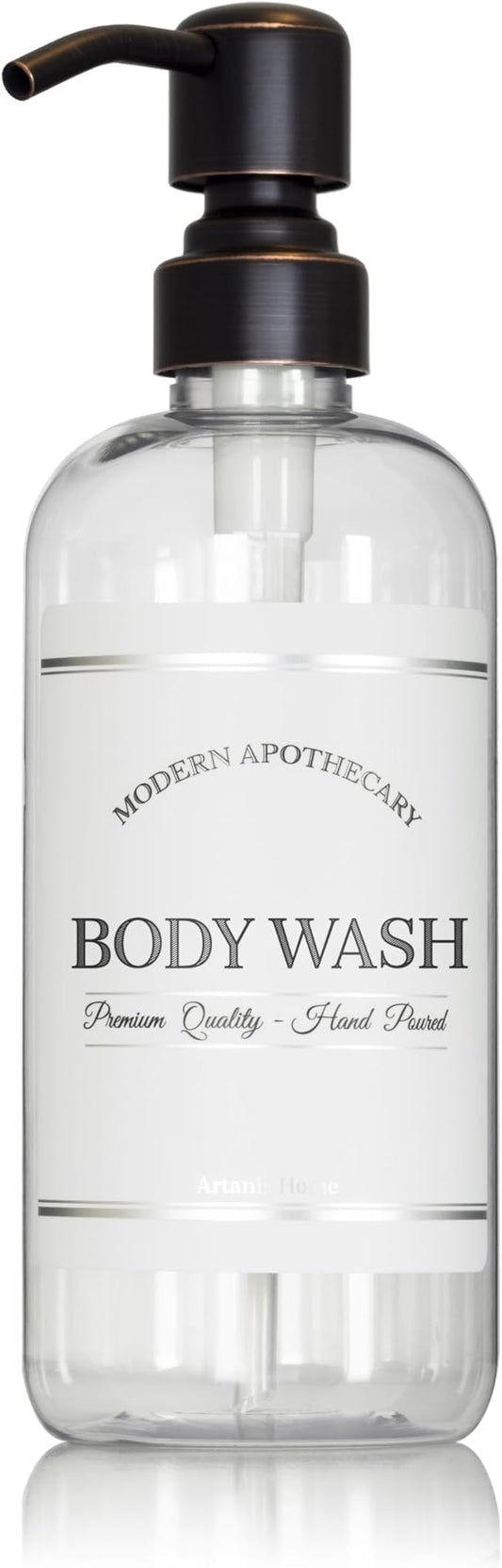 Refillable Clear PET Plastic 16 oz Body Wash Bottle with Oil Rubbed Bronze Pump Dispenser - Chrome Accent Waterproof Labeled Bottle