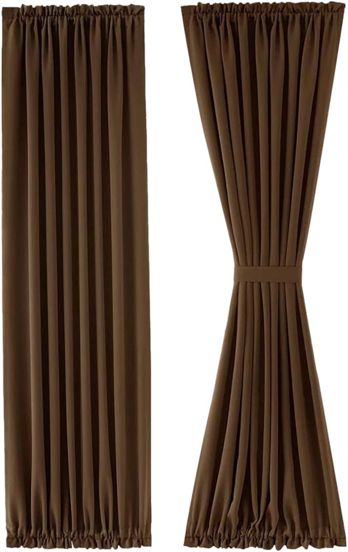 DWCN French Door Curtains – Rod Pocket Thermal Blackout Curtain for Doors with Glass Window, Kitchen and Patio Doors for Privacy, 25 X 72 Inches Long, 1 Curtain Panel with Tieback, Brown
