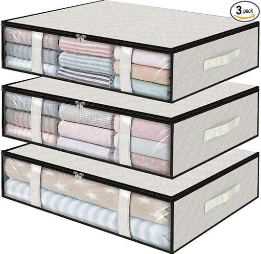 StorageRight Under Bed Storage Bins, 3-Pack 40L Foldable Fabric Storage Bags with Transparent Window, Breathable Organizer for Clothes/Blanket/Comforter/Quilt, White