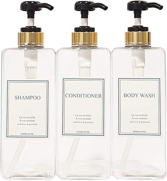 Modern Gold Design Large 27 oz Shampoo and Conditioner Dispensers - Empty Plastic Refillable Pump Bottle Set for Bathroom Shower Soap Dispenser, Set of 3 (Clear & Black)
