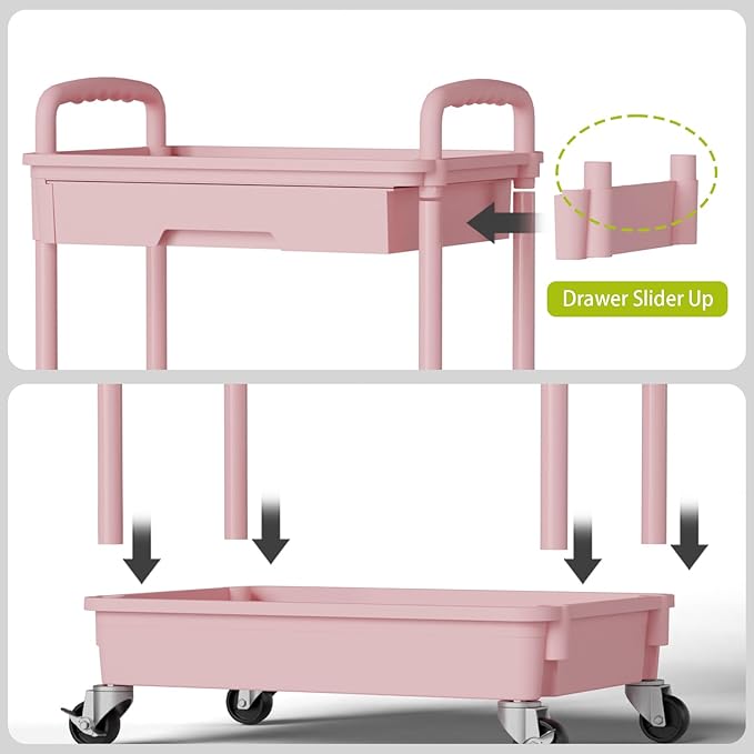 3 Tier Rolling Cart Organizer,Laundry Room Bathroom Organizers and Storage Office Shelves Mobile Shelving Unit Kitchen Trolley Cart with Wheels for Art,Craft,Diaper,Bedside,Snack(Pink)