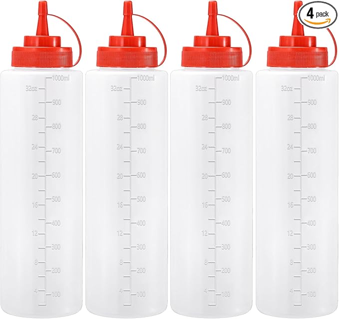 Condiment Squeeze Bottles Ketchup Dispenser, 4 Pack 32oz Squeeze Bottles for Liquids, Plastic Sauce Bottle with Cap Lid, Squirt Bottles for Sauces Liquids BBQ Dressing Pancake Art
