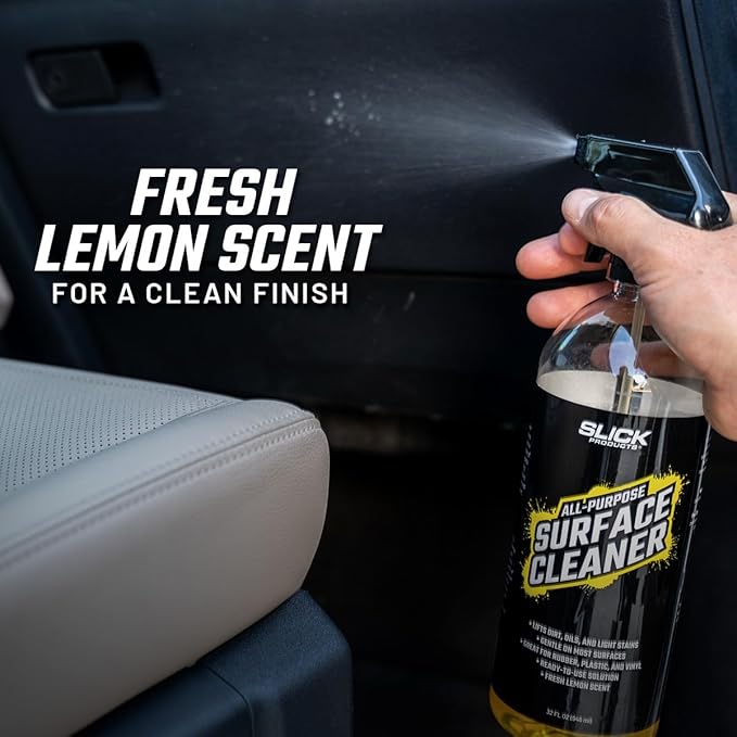 Slick Products All-Purpose Surface Cleaner – Heavy-Duty Interior & Exterior Car Cleaner for Vinyl, Plastic, Rubber, Carpet & Upholstery – Ready-to-Use Formula with Fresh Lemon Scent – 128 oz.