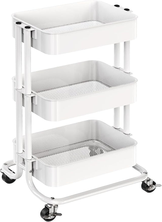 Pipishell 3 Tier Metal Rolling Utility Cart, Heavy-Duty Storage Rolling Cart with 2 Lockable Wheels, Multifunctional Mesh Organization Utility Cart for Kitchen Dining Room Living Room (White)