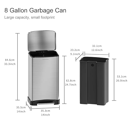 30 Liter/8 Gallon Step Trash Can with Inner Liner,Large Step Trash Bin with Silent Close Lid,Fingerprint Resistant Finish(Brushed Gray)