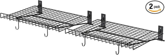 2 Pack Foldable Wall Shelf, Wall Mounted Garage Storage Shelves, Heavy Duty Wall Shelving Supports Up To 90 LBS. Floating Shelves With 4 Hooks Metal Storage Rack for Office, Kitchen and Laundry Room
