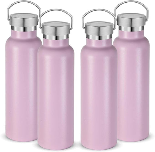 Neihepal 20 oz Insulated Water Bottles Bulk 4 Pack,Stainless Steel Double Wall Sport Bottle with Lid of Handle,Metal Reusable Thermoses Flask with Cup Cap for School,Hikers,Gift (Pink,Set of 4)