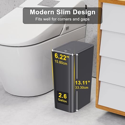 N. NETDOT 3 Pack 10 Liter Small Trash Can with lid, 2.6 Gallon,Garbage Can Slim Trash Bin Waste Basket for Bathroom,Kitchen,Bedroom,Living Room,Office,Laundry - Black
