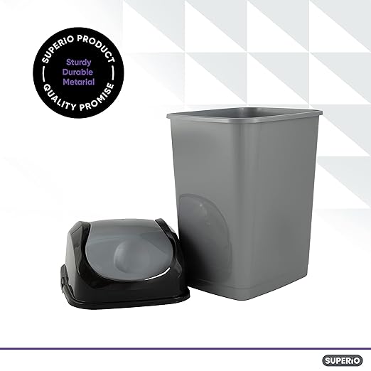 Superio Office Trash Can with Lid 9 Gallon Kitchen Garbage Can Bedroom Waste Basket 37 Qt. Swing Top Trashcan Plastic Durable Waste and Recycle Bin (2, Grey/Black)