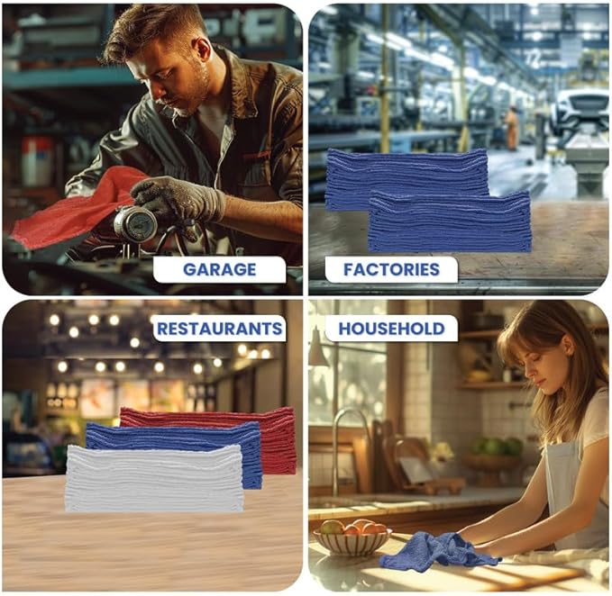 Shop Towels (Blue, 216) - Bulk Cleaning Towel in a Bag, Mechanic Cotton Wipes for Car Maintenance, Auto Mechanics & Garage, Wipe Grease & Oil, Machine Wash & Reusable