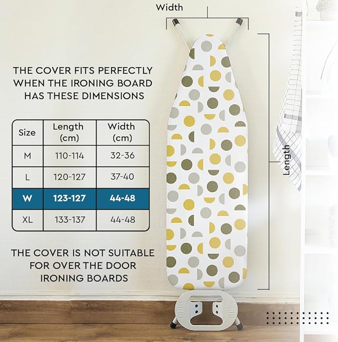 Encasa XO Ironing Board Cover and Pad 49"x18" - Thick 3mm Felt Padding, Drawstring Tightening & Lock, Easy Fit, Scorch & Stain Resistant, Fits Wide Ironing Board - White Tiles