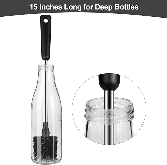 4 Pack Water Bottle Brushes with Straw Cleaner, Stainless Steel Handle Baby Bottle Brush Cleaner, Kitchen Scrub Cleaning Brushes for Cup, Wine Glasses, Coffee Mugs, Tumblers, Wine Decanters, Black