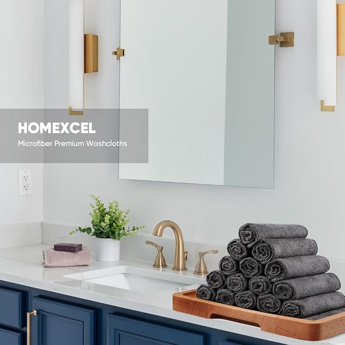 HOMEXCEL Microfiber Washcloths 50 Pack, Highly Absorbent and Soft Face Towel, Multi-Purpose Wash Cloths for Bathroom, Gym, Hotel, Spa and Kitchen, Multicolor 12x12 Inch, Grey