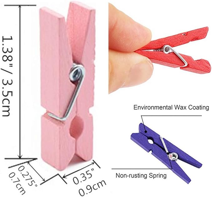 DurReus Small Wooden Clips Pictures Hanger with Twine Mini Colors Clothespins Attach Cards Wedding Party Decor Set of 50 Rose Red