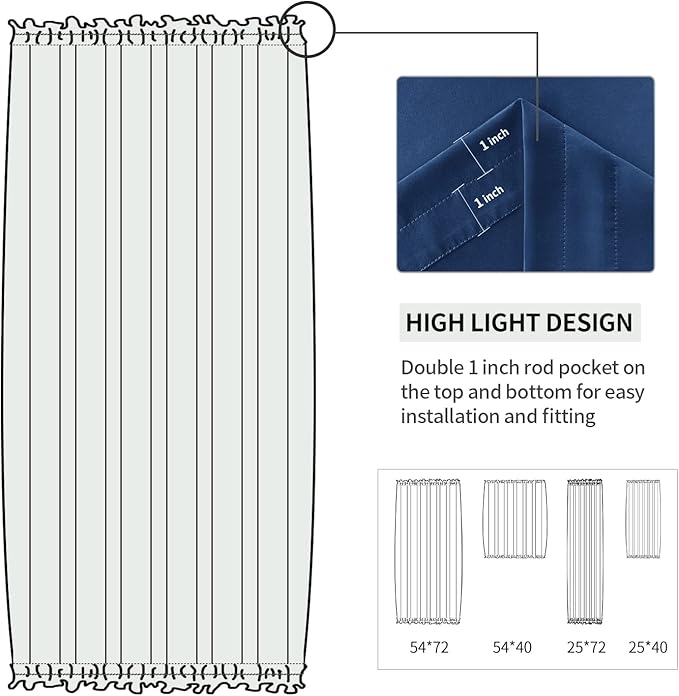 DWCN French Door Curtains – Rod Pocket Thermal Blackout Curtain for Window/Patio Doors/Doorways/Classroom/Kitchen for Privacy, 25W by 40L Inches, 1 Panel with Tieback, Classic Blue
