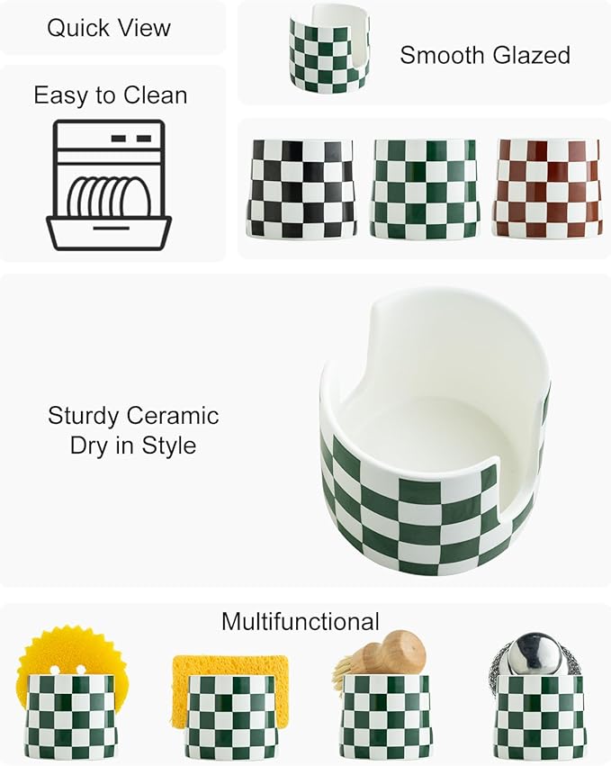 Ceramic Kitchen Sponge Holder, Dish Sponge Holder Suitable for Scrubby Farmhouse Dish Rack Brush Holder for Bathroom, Kitchen, Sink, Green and White