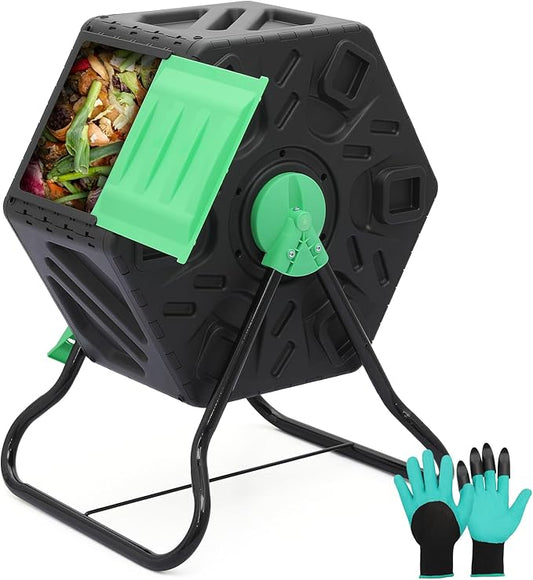 Athena Collection Compost Tumbler, 17 Gallon Single Chamber Outdoor Rotating Composter Bin with Gloves, Easy-Turn BPA-Free Plastic Compost Barrel for Backyard Garden, Patio, Kitchen Food Waste