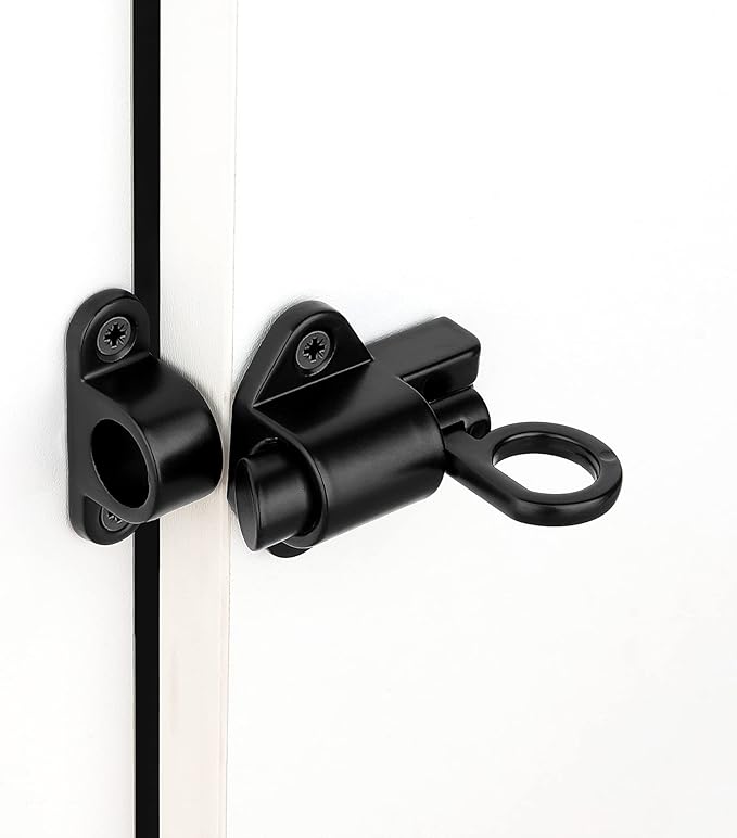 3 Packs Self-Closing Latches，Black Spring Door Lock，Resilient Bolt Latch Aluminum Alloy Safety Automatic Spring Barrel Slide Door Lock with Screws,Used for Gate,Window and Cabinet etc…
