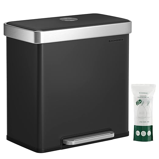 SONGMICS Kitchen Trash Can, 16 Gallon (2 x 8 Gallon) Dual Compartment Garbage Can, 60L Pedal Recycling Bin, Stays Open and Soft Close, Stainless Steel, 15 Bags Included, Ink Black ULTB202B01