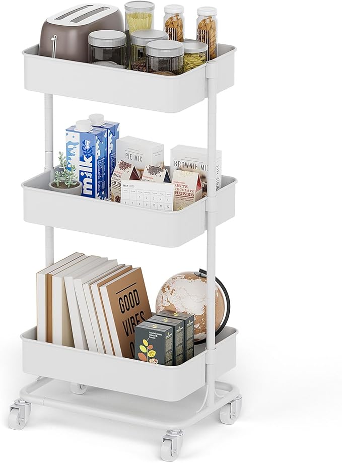 3 Tier Modern Metal Rolling Tool Cart with Silent Casters, 17.72×12.40×35.04 inch Heavy Duty Organization Truck Trolley Organizer for Office, Living Room, Kitchen, (White)