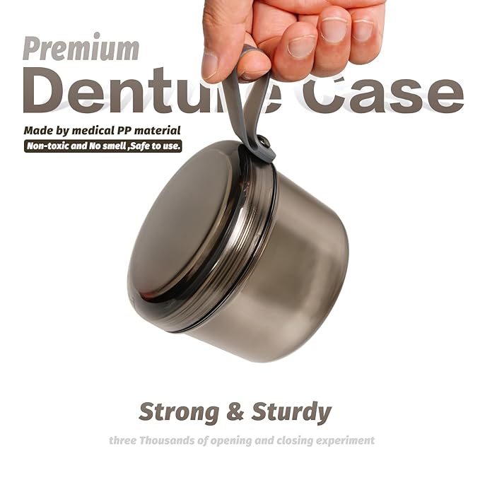 Upgraded Large Denture Bath Box Cup No-Leak Denture case Retainer Cleaning Box Complete Clean Care for Dentures Clear Braces Mouth Guard Night Guard & Retainers (transparent grey)