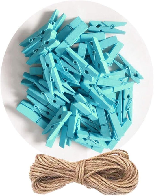 DurReus 50pcs Small Wood Clothes Pins Pegs Hangers Picture Display Art Crafts Clip Clamps String Wire Clothesline Party Office Decor Bright Blue