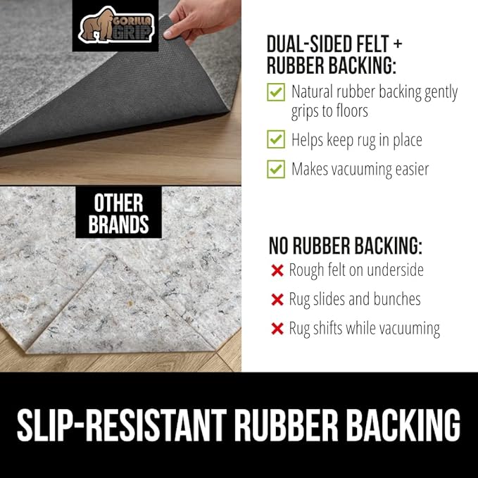 GORILLA GRIP Felt and Natural Rubber Stay in Place Slip Resistant Rug Pad, 1/8in Thick, 5x7 FT Protective Padding Under Area Rugs, Cushioned Gripper Pads, Carpet Runners, Hardwood Floors Protection