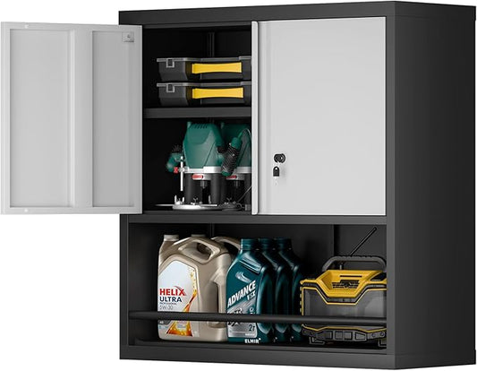 Metal Garage Cabinets, Lockable Storage Cabinet, Metal Cabinet with Open Storage, Upper Tool Cabinet for Basement, Wall Mounted Cabinets for Shop