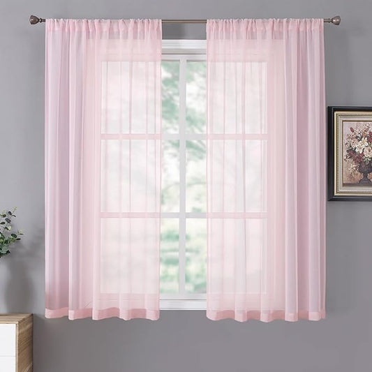 Tollpiz Short Sheer Curtain Linen Textured Living Room Curtains Sheer Light Filtering Rod Pocket Voile Curtain for Bedroom, 42 x 54 inches Long, Pink, Set of 2 Panels