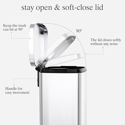 AthLike Trash Can, Stainless Steel Kitchen Garbage Can, Step Waste Bin with Hinged Lid and Removable Inner Bucket, Soft-Close, Dustbin for Bathroom Bedroom Living Room Home (Silver, 13.2 Gal)