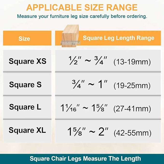 32 Pcs Square Chair Leg Floor Protectors - Silicone & Felt Furniture Pads for Hardwood Floors, Scratch-Resistant Noise-Reducing Chair Leg Caps, Fits Square Legs (1/2'' to 3/4'')