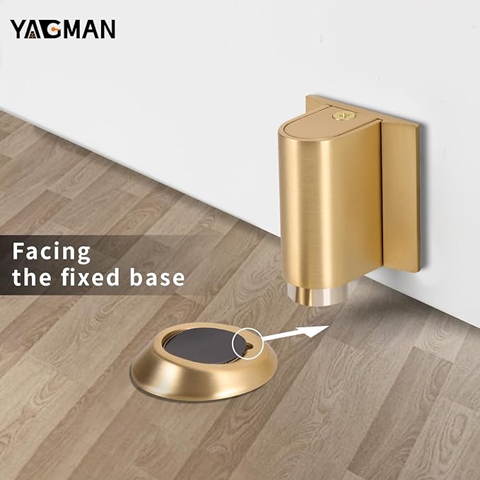 1 Pack Magnetic Door Stoppers Retractable Bottom of Door Holder No Drilling Mount Floor Door Stop with Screws and Adhesive Catch Door Keep Door Open Brushed Gold BG-1
