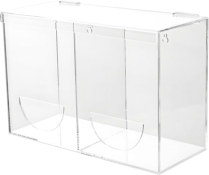 Glove Dispenser Wall Mount - Double Acrylic Hygiene Dispenser Station Holder for Disposable Latex Gloves, Hairnets, Ear Plugs, Laundry Pods, Dishwasher Pods, Dryer Balls, Clear