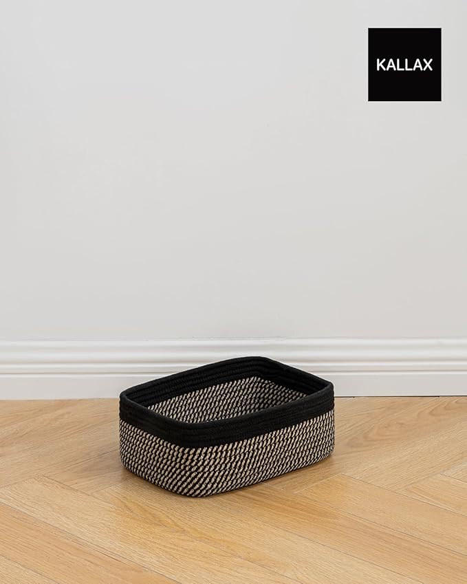 Small Woven Basket, 12 x 8 x 4.5 Inches, Storage Basket for Organizing, Cute Small Rope Shelf Closet Cube Storage Bins Baskets for Shelves, Dog Toy Gift Baskets Empty, 3 Pack Black & Brown