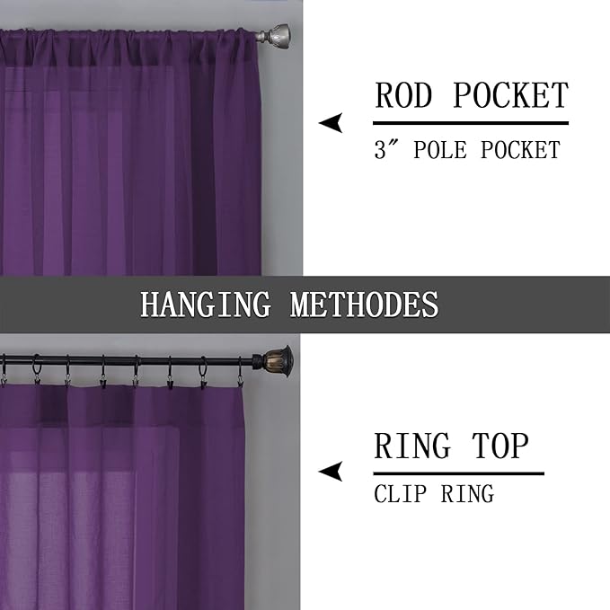 Tollpiz Short Sheer Tier Curtains Linen Textured Half Kitchen Curtain Sheers Light Filtering Rod Pocket Voile Small Curtain for Bathroom, 25 x 24 inches Long, Royal Purple, Set of 2 Panels