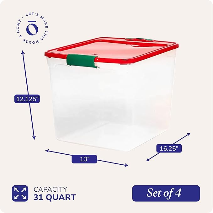 HOMZ 4-Pack Holiday Tote, Plastic Storage Organizer Bins with Lids, 31 Quart, Clear/Red - Stackable Organizing Containers for Home, Garage, and Office