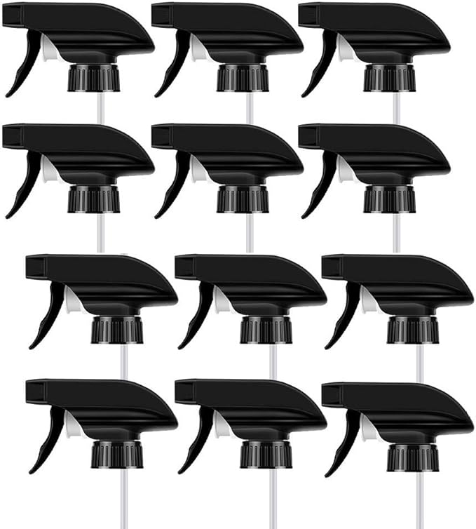 AMORIX 12PCS Spray Bottle Nozzle Trigger Sprayer Black Spray Top - Heavy Duty Replacement Nozzle with Mist Stream Sprayer, Fits 28/400 Boston Spray Nozzle for Bottles, Gardening, Cleaning Solutions