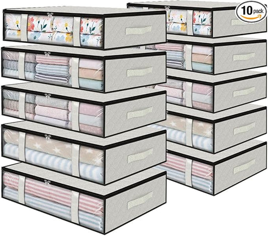 StorageRight Under Bed Storage Bins, 10-Pack 40L Foldable Fabric Storage Bags with Transparent Window, Breathable Organizer for Clothes/Blanket/Comforter/Quilt, White