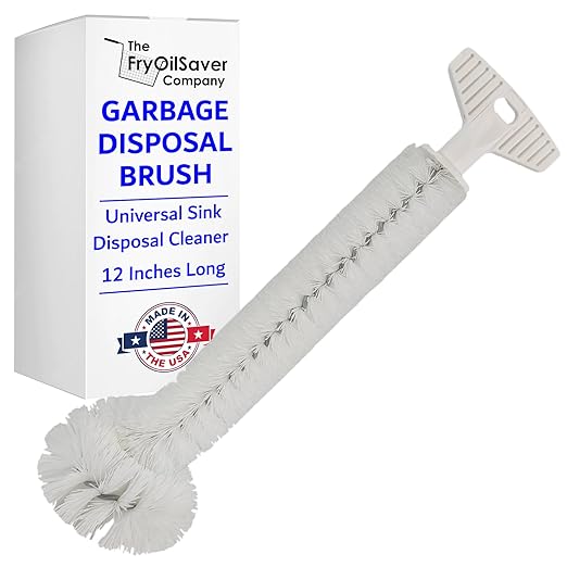 Universal Garbage Disposal Cleaner and Deodorizer, 12" Long Sink & Drain Brush Cleaner for Eliminating Residues & Odor, Sturdy T-Grip Handle, USA Made Sink Disposal Cleaning Brush by FryOilSaver Co.