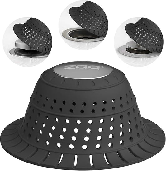 zaa Bathtub Drain Hair Catcher, Silicone Collapsible 1 Pack Drain Protector for Pop-Up and Regular Drains of Shower,Tub, Bathroom, Sink, Charcoal Black