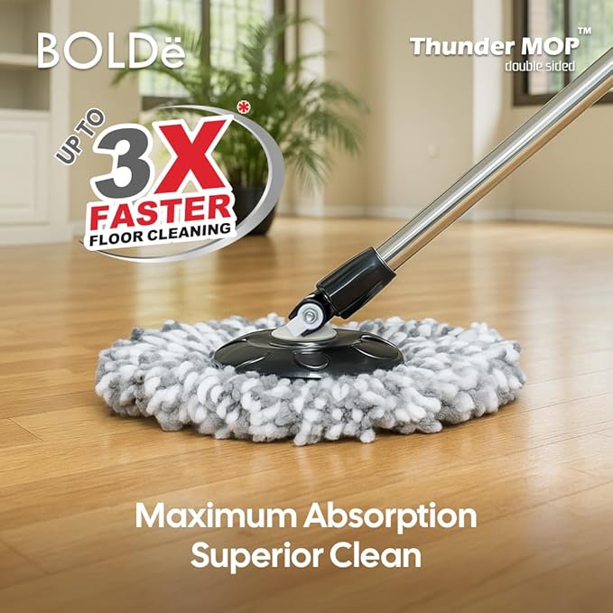 Thunder Mop Spin System - 2 Compact Stackable 6L Buckets, Microfiber Head, Stainless Steel Wringer, Antifungal Quick-Dry Cleaning, Soap Dispenser, 3 Free Refills (Yellow/Blue)