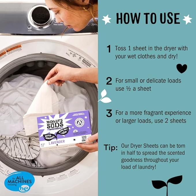 Molly's Suds Fabric Softener Dryer Sheets for Sensitive Skin | Plant-Based Static Reducer, Plastic-Free Packaging | Unscented (120 Sheets)