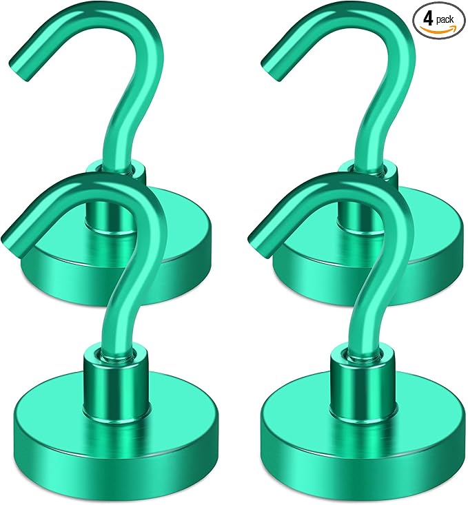 MIKEDE Magnetic Hooks, 40Lbs+ Heavy Duty Magnet Hooks for Cruise Cabins, Super Neodymium Hanging Hooks Strong Magnets with Hook for Fridge, Magnetic Hanger for Grill, Toolbox, Storage(Green, 4 Pack)