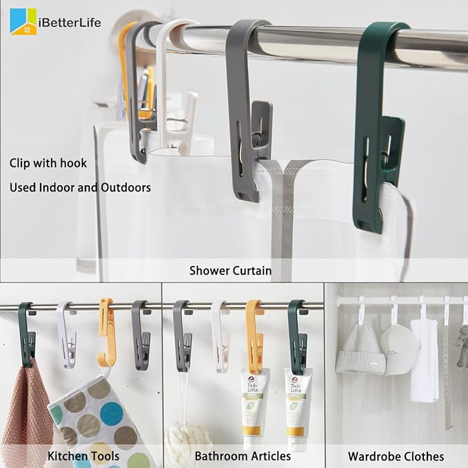 iBetterLife Clothes Pins Laundry Hooks - Heavy Duty Outdoor Towel Hanger with Clips for Hanging Socks Boot Bras Shower Pegs Closet Organizer Clamps for Bathroom Wardrobe Kitchen Office, 4Pcs Gray