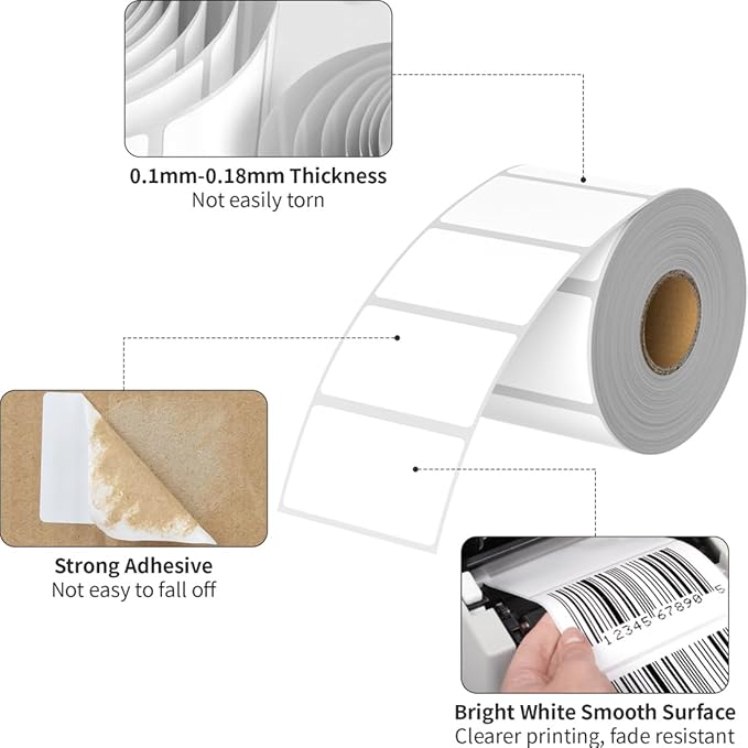 2.25 x 1.25 Thermal Labels, Printable Blank Label Stickers 6000 Label Papers for Barcode Labels, FNSKU, Mailing, Shipping, Compatible with Rollo, Zebra and More Thermal Printer