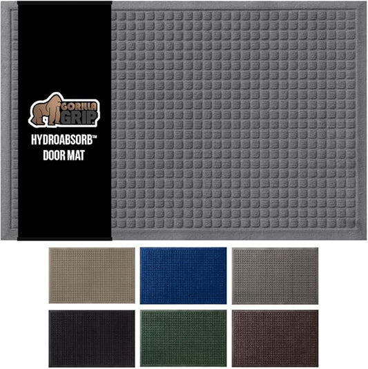 GORILLA GRIP Front Door Mat, 47x35, Indoor Outdoor Ultra Absorbent HydroAbsorb Doormat, Absorbs Up to 6 Cups of Water, Stain and Fade Resistant, Rubber Backing Doormats, Captures Dirt, Gray