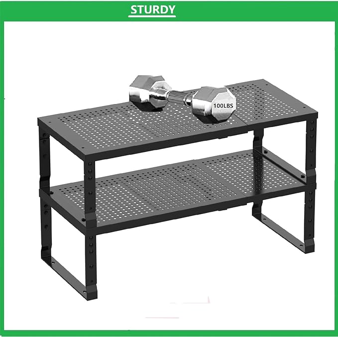 Metal Stackable Expandable Storage Shelf - Multi-Functional Home Storage Shelf, Suitable for Kitchen, Cabinet，Bathroom, Office, Garage, etc.（1PACK/Black/Medium